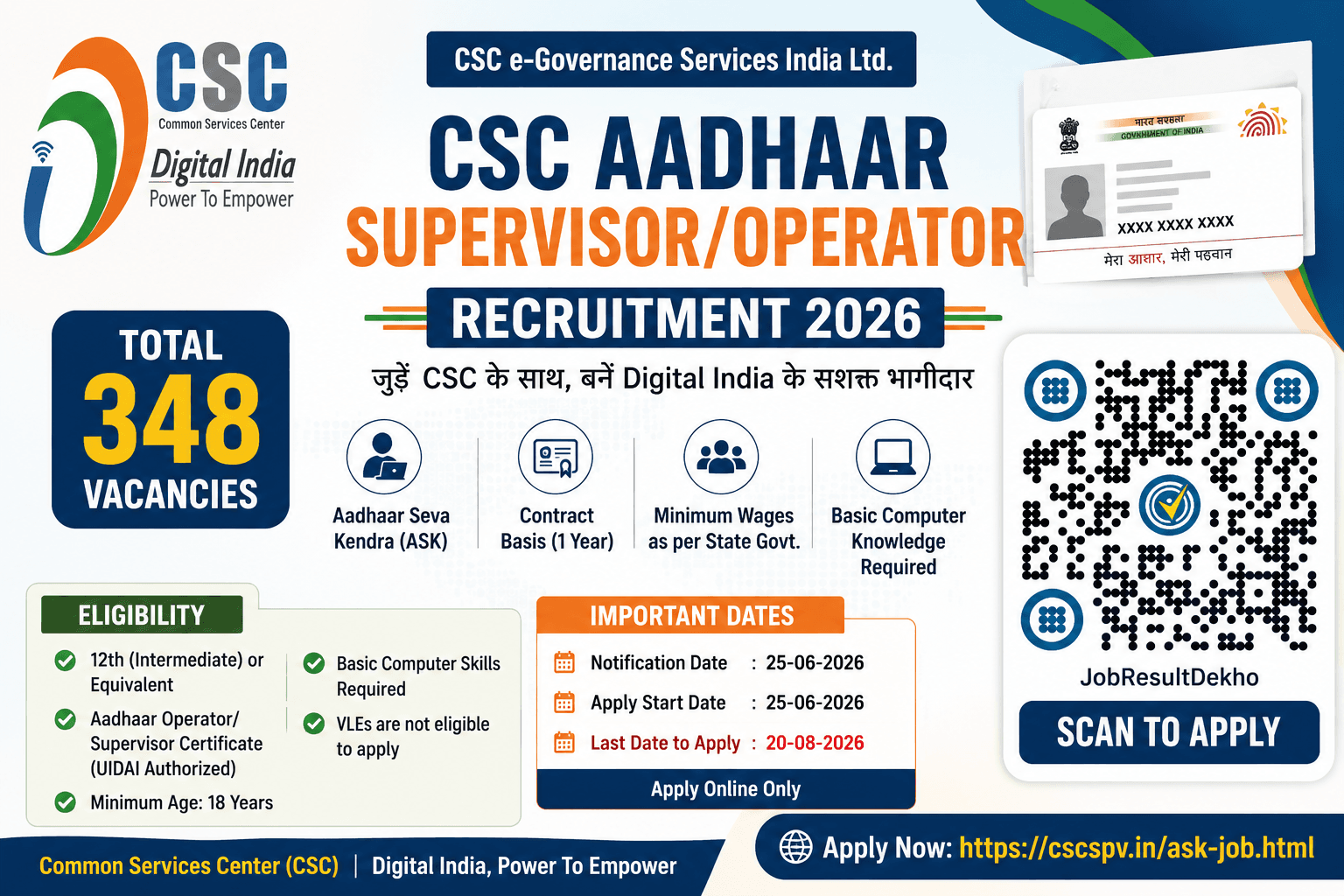 CSC Aadhaar Supervisor/Operator Recruitment 2026 (348 Posts) – Apply Online