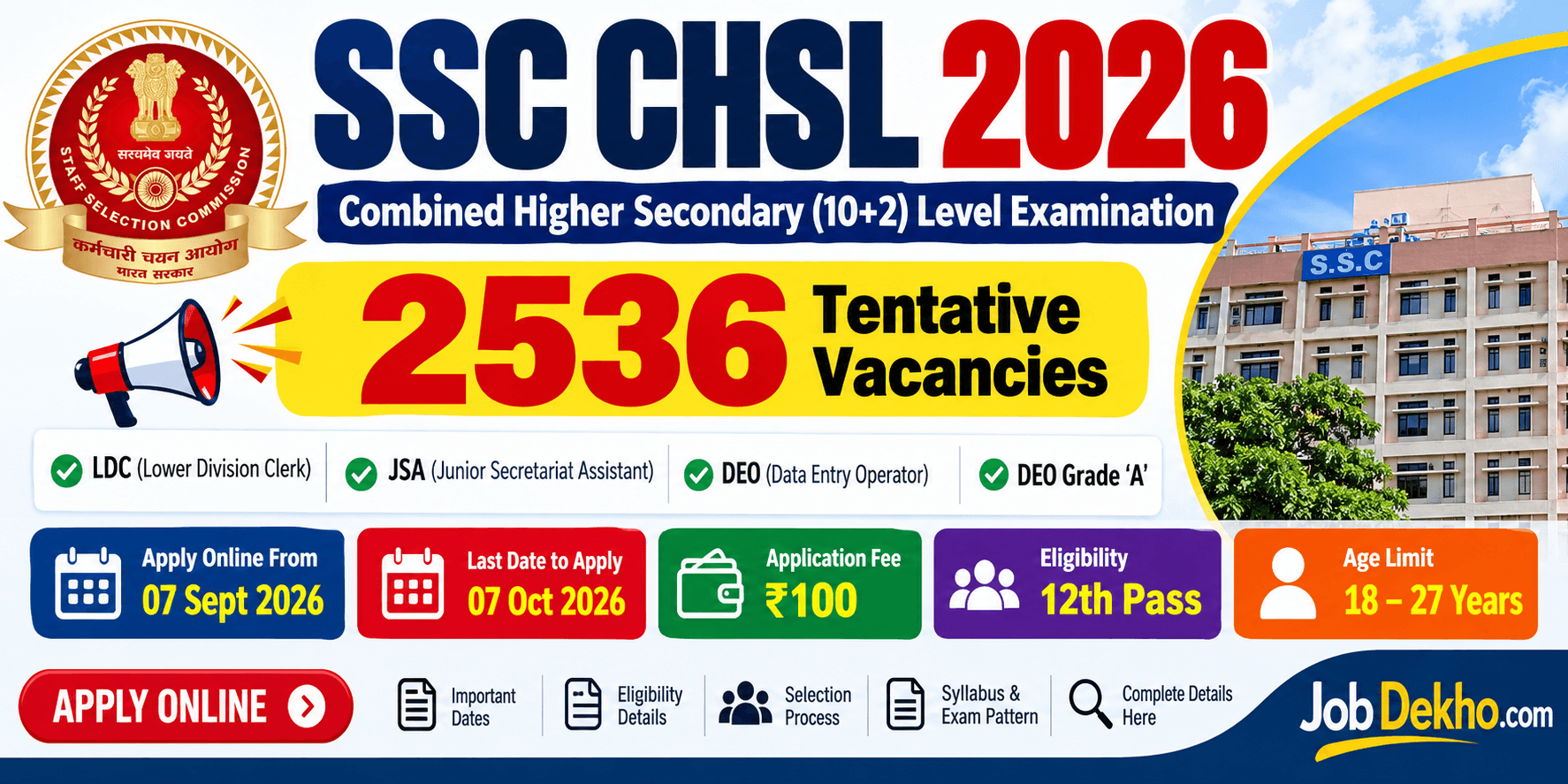 SSC CHSL 2026 Recruitment – Apply Online for 2536 Tentative Posts
